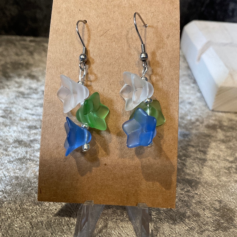 Blue, Green and White Frosted Flower Dangle Pierced Earrings